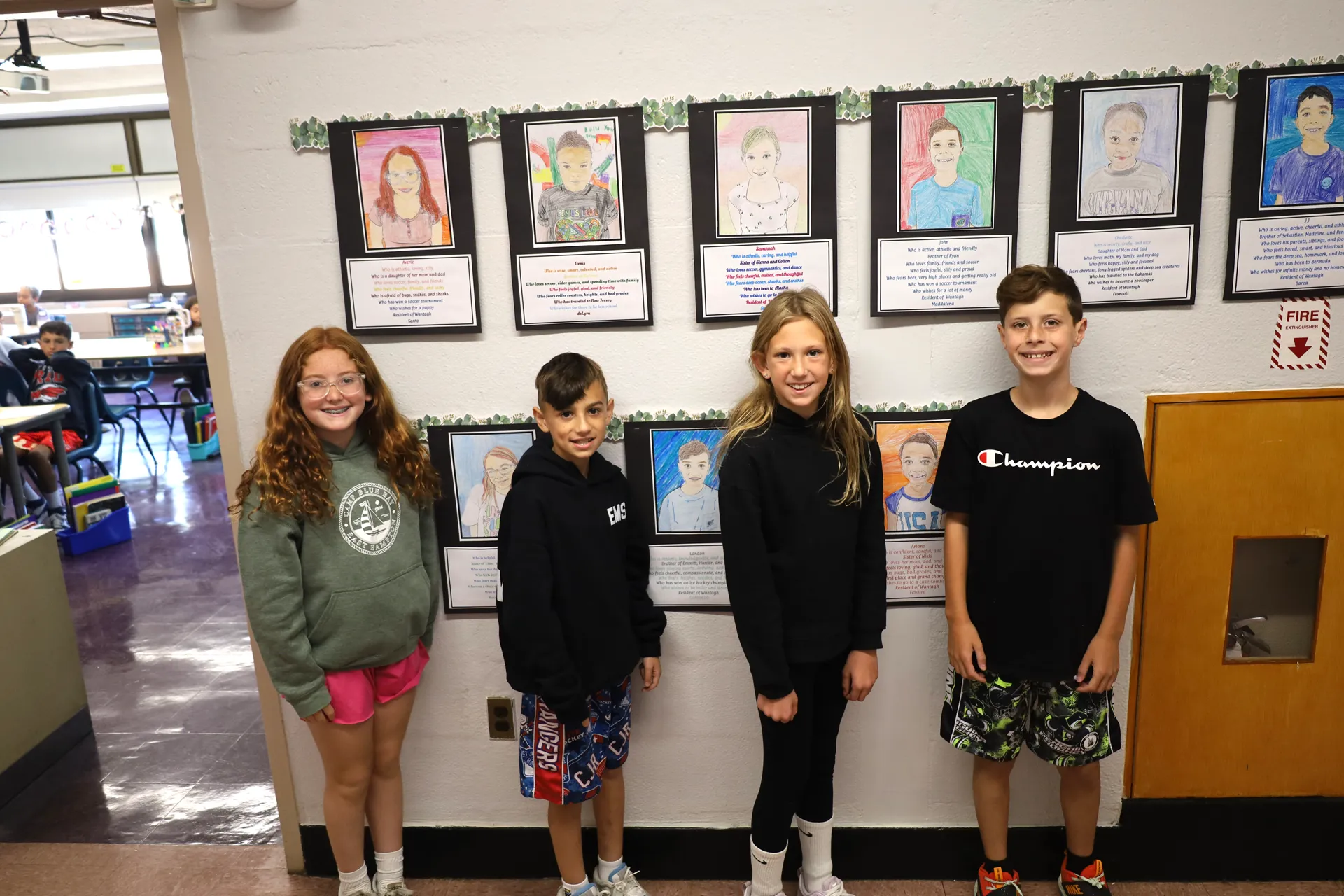 Lee Road fifth graders Averie Santo, Landon Caraballo, Savannah Sharpe and John Maddalena created self-portraits and described themselves through poetry. Lee Road fifth graders Averie Santo, Landon Caraballo, Savannah Sharpe and John Maddalena created self-portraits and described themselves through poetry.